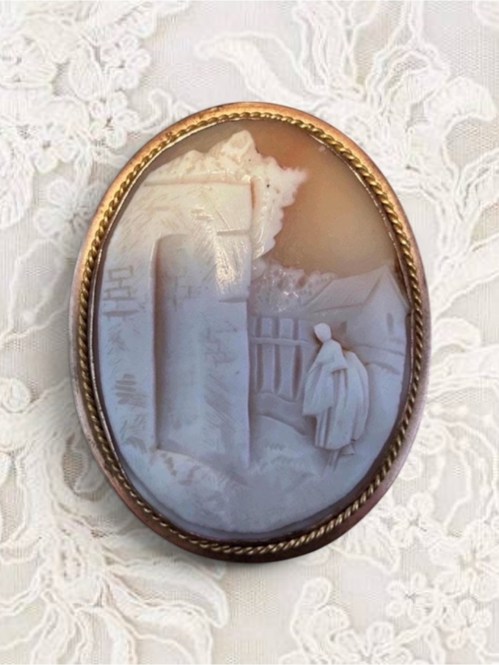 Antique Shell Cameo Brooch: Rebecca at the Well Figural Carving Gold Filled